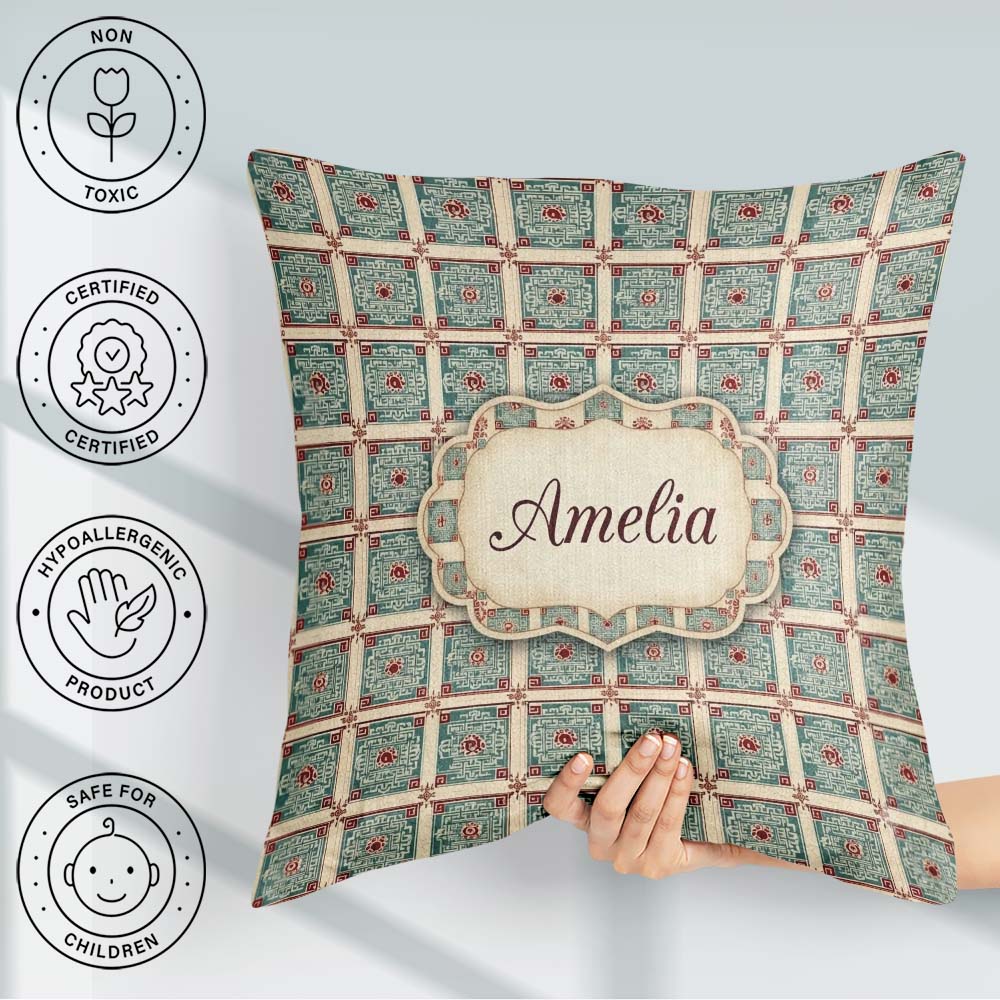 Custom Name Teal Red Oriental Tile Geometric Square Pattern Name Square Filled Cushion Throw Pillow Sofa Bed Home Decor Zip Washable UK Made