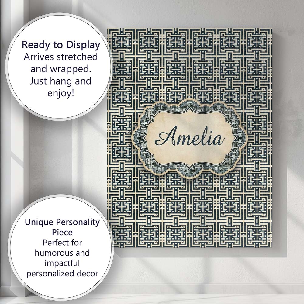 Personalised Name Blue Cream Interlocking Custom Unique Gift Idea Elegant Feature Canvas Wall Art Print Decor Picture Ready to Hang