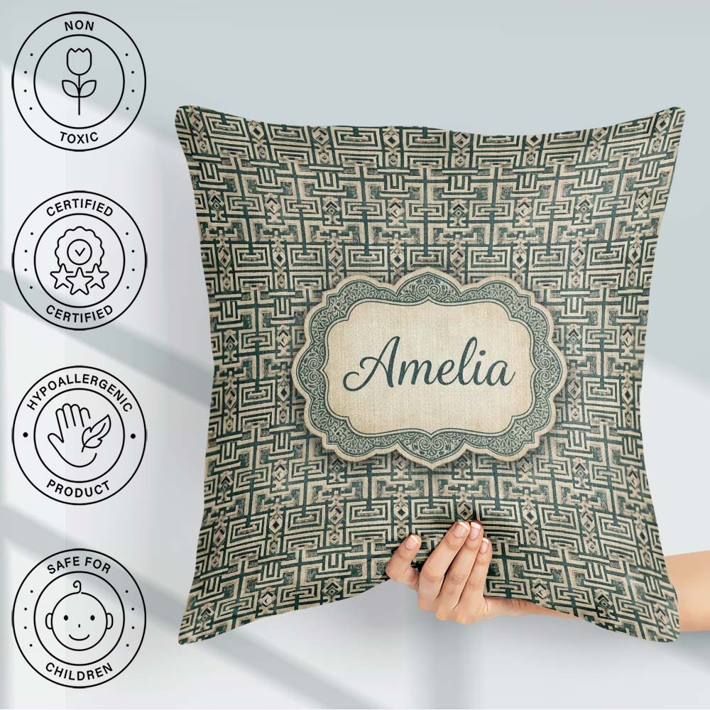 Custom Name Muted Teal Beige Tribal Geometric Maze Seamless Name Square Filled Cushion Throw Pillow Sofa Bed Home Decor Zip Washable UK Made