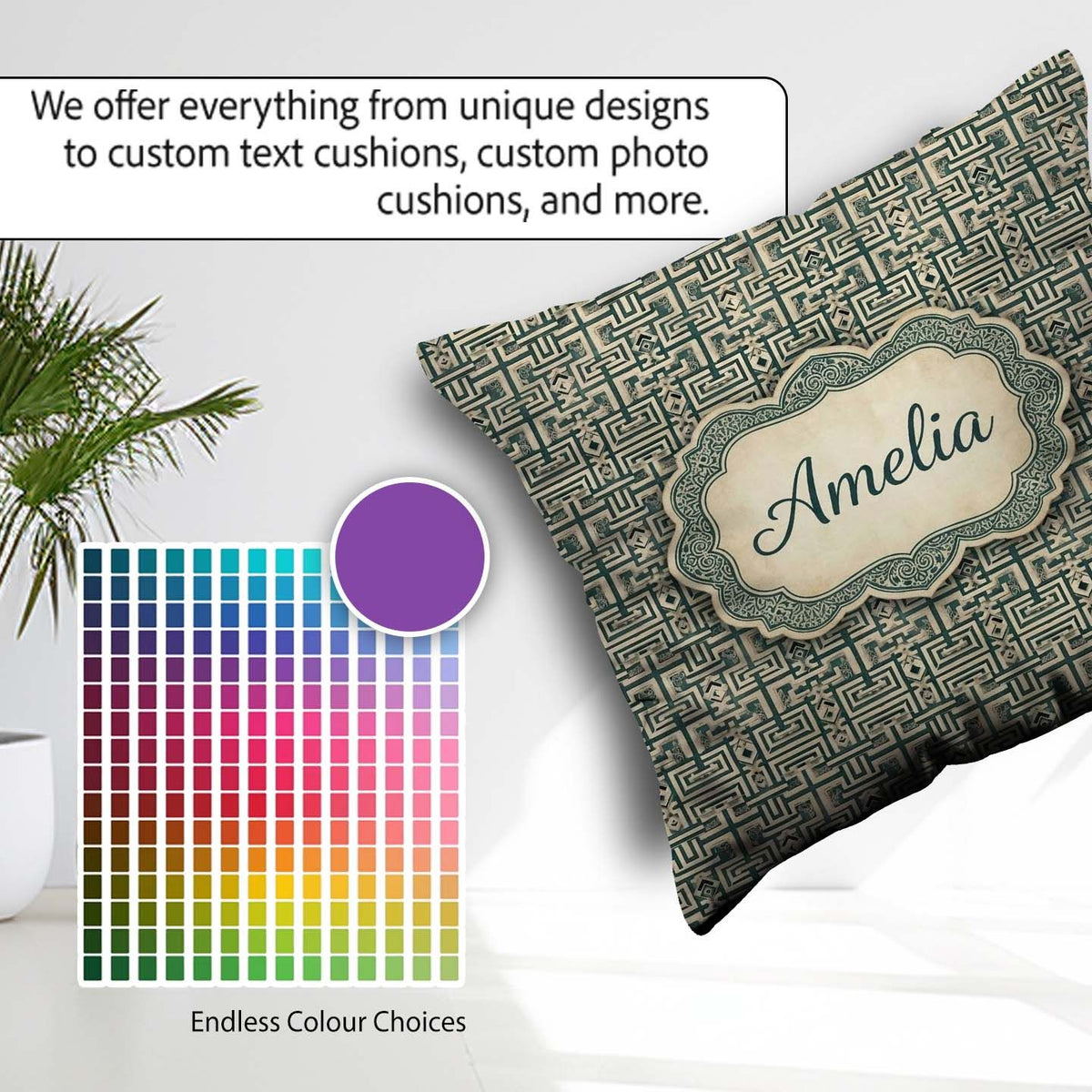 Custom Name Muted Teal Beige Tribal Geometric Maze Seamless Name Square Filled Cushion Throw Pillow Sofa Bed Home Decor Zip Washable UK Made