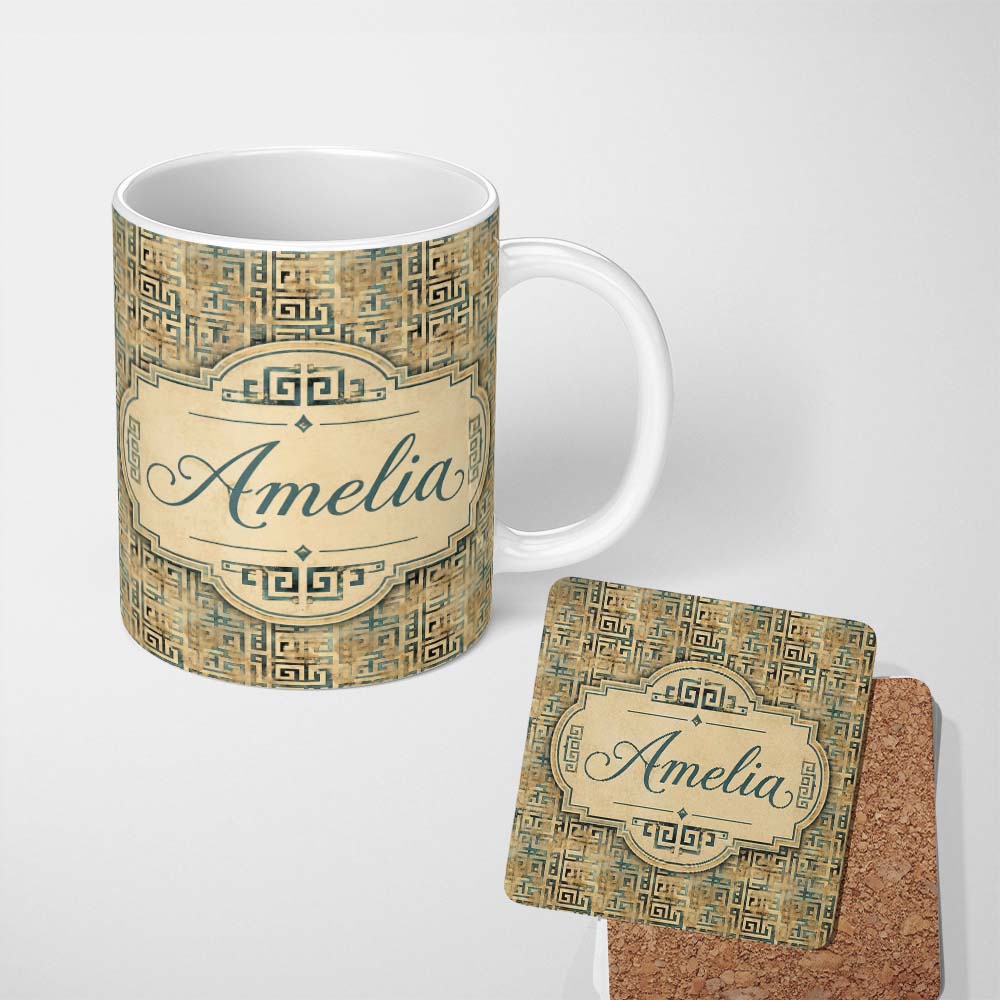 Personalized Custom Name Distressed Beige Teal Grunge Maze Seamless Pattern Name Cute Unique 11oz Ceramic Coffee Tea Mug White Large Handle