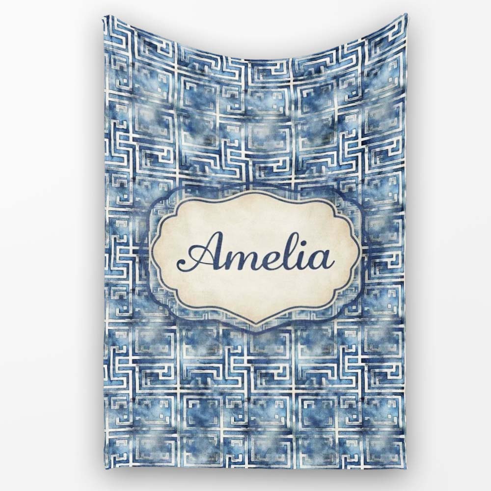 Blue Watercolour Abstract Square Maze Seamless Pattern Name Cute Personalised Custom Name Super Soft Fleece Blanket Bed Sofa Throw