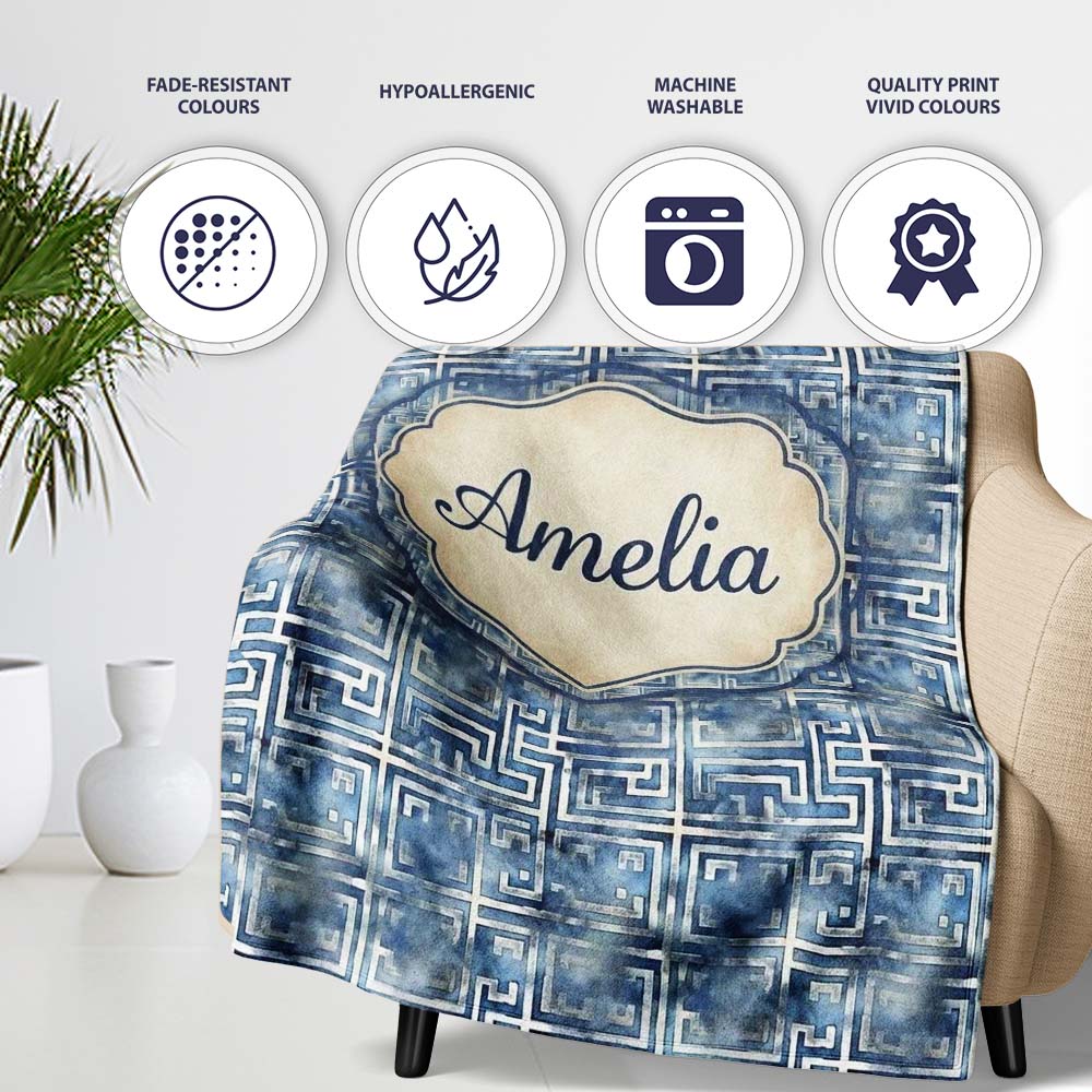 Blue Watercolour Abstract Square Maze Seamless Pattern Name Cute Personalised Custom Name Super Soft Fleece Blanket Bed Sofa Throw