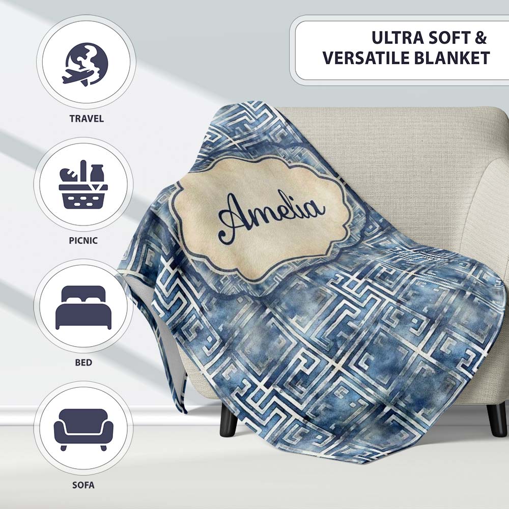 Blue Watercolour Abstract Square Maze Seamless Pattern Name Cute Personalised Custom Name Super Soft Fleece Blanket Bed Sofa Throw