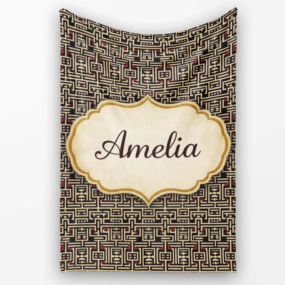 Black Beige Red Tribal Geometric Maze Seamless Pattern Name Cute Personalised Custom Name Super Soft Fleece Blanket Bed Sofa Throw