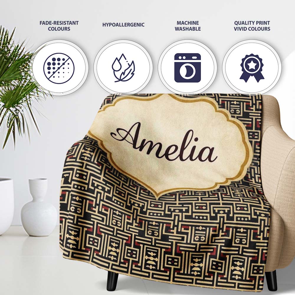 Black Beige Red Tribal Geometric Maze Seamless Pattern Name Cute Personalised Custom Name Super Soft Fleece Blanket Bed Sofa Throw