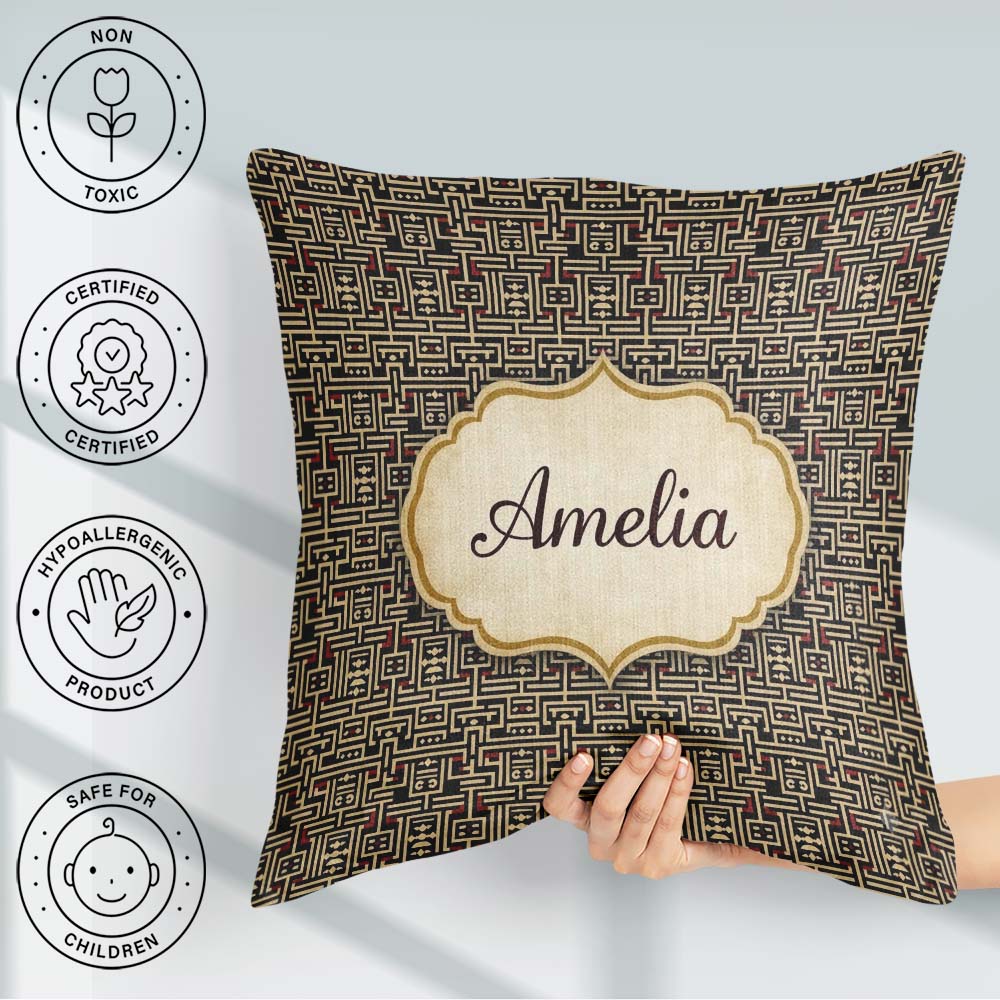 Custom Name Black Beige Red Geometric Maze Seamless Pattern Name Square Filled Cushion Throw Pillow Sofa Bed Home Decor Zip Washable UK Made