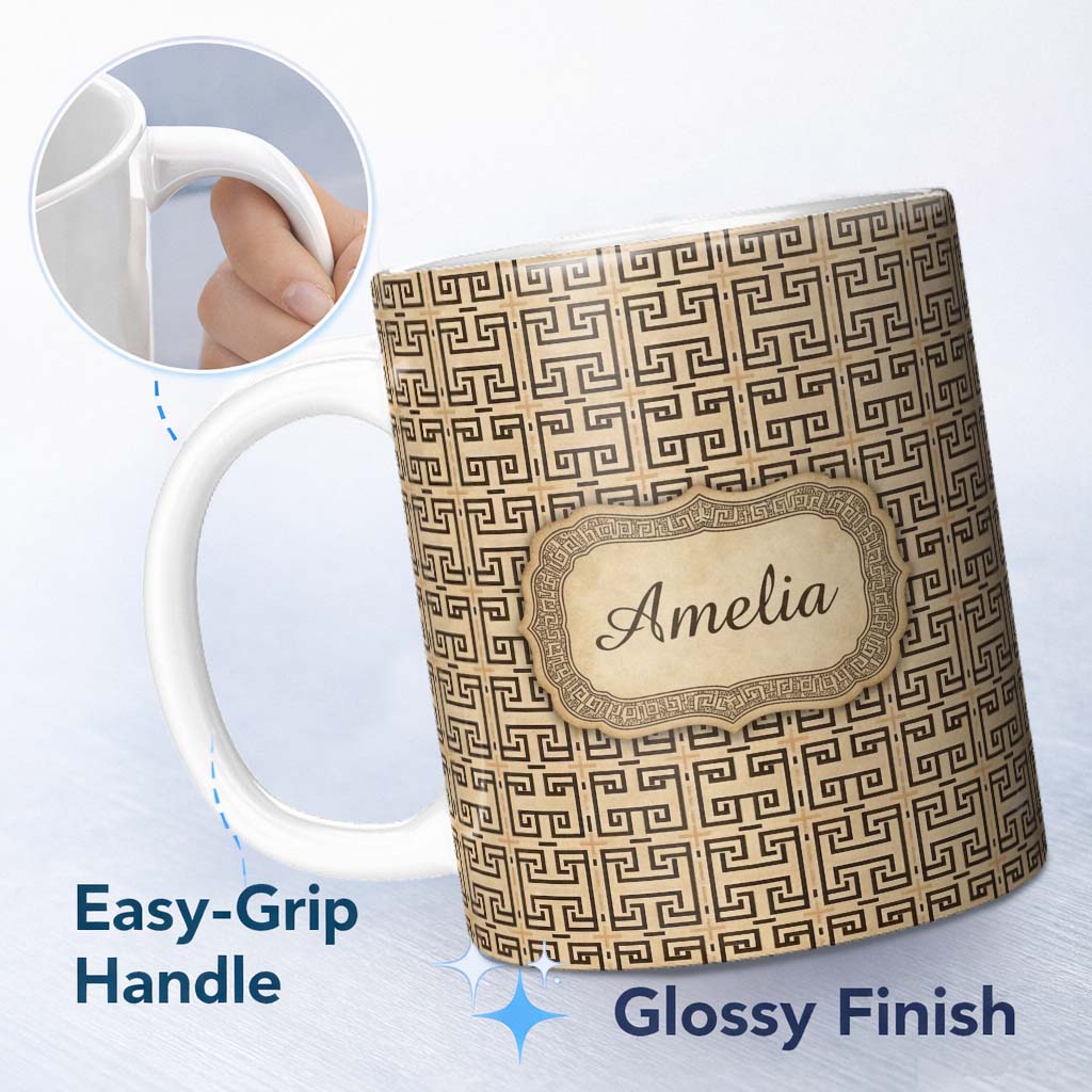 Personalized Custom Name Beige Brown Classic Greek Key Geometric Seamless Pattern Name Cute 11oz Ceramic Coffee Tea Mug White Large Handle