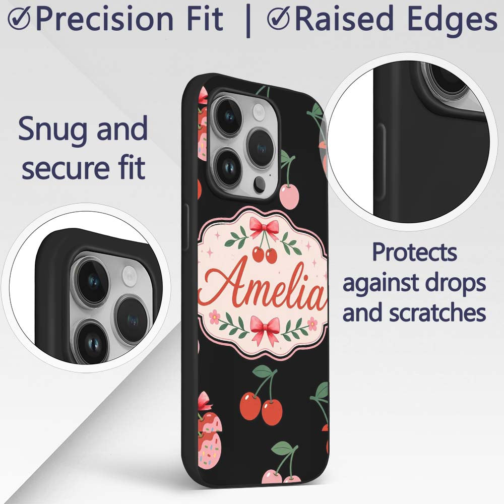 Cute Cherry Fruit Cream Neutral Printed Design Custom Name Protective Phone Case Mobile Cover Durable Everyday Smartphone Shock Resistant