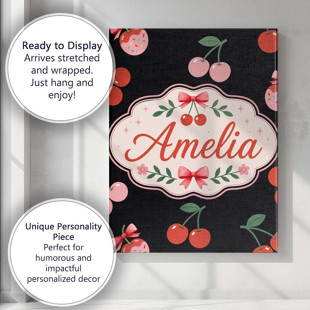 Personalised Name Cute Cherry Fruit Cream Neutral Background Seamless Custom Home Unique Canvas Wall Art Print Decor Picture Ready to Hang