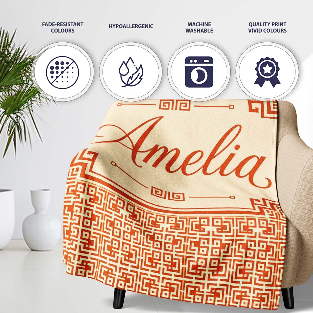Orange Cream Abstract Maze Geometric Seamless Pattern Name Cute Personalised Custom Name Super Soft Fleece Blanket Bed Sofa Throw