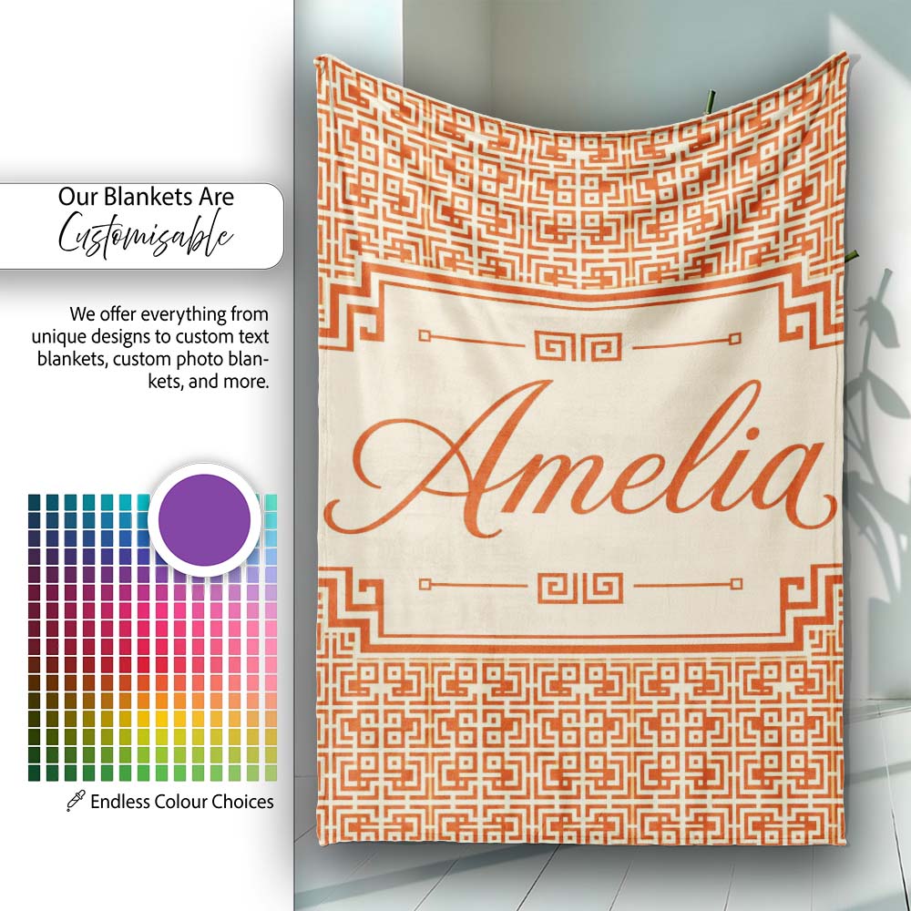 Orange Cream Abstract Maze Geometric Seamless Pattern Name Cute Personalised Custom Name Super Soft Fleece Blanket Bed Sofa Throw