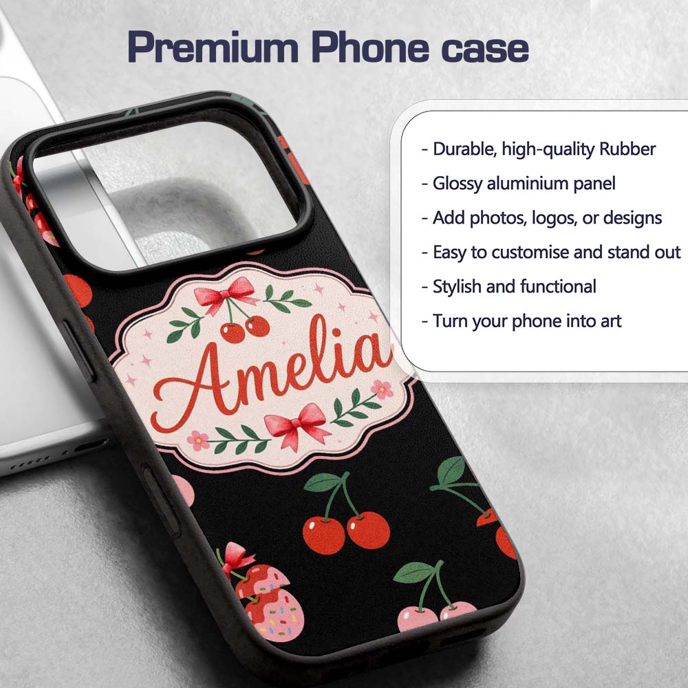 Cute Cherry Fruit Cream Neutral Printed Design Custom Name Protective Phone Case Mobile Cover Durable Everyday Smartphone Shock Resistant