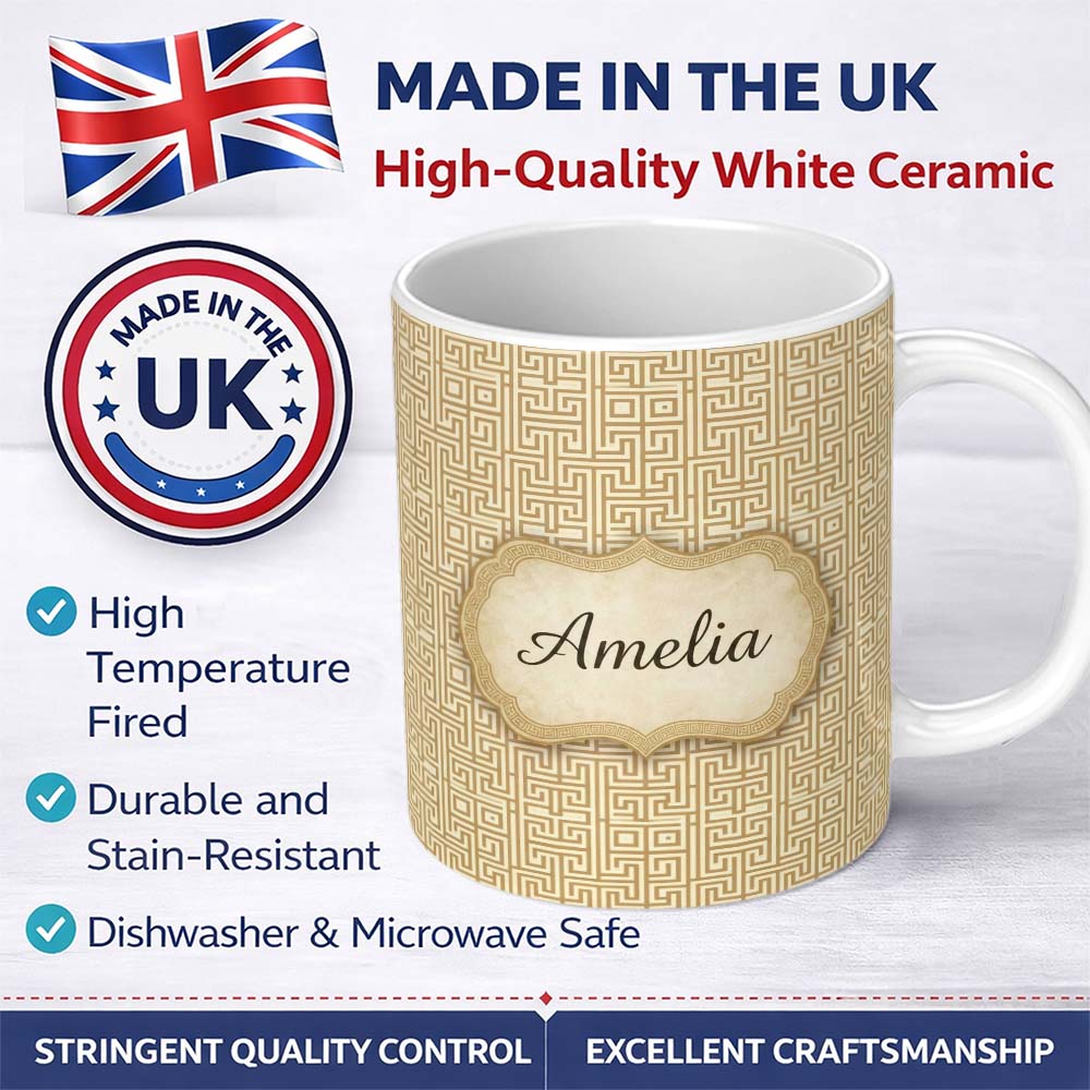 Personalized Custom Name Soft Beige Gold Minimal Greek Key Seamless Pattern Name Cute Unique 11oz Ceramic Coffee Tea Mug White Large Handle