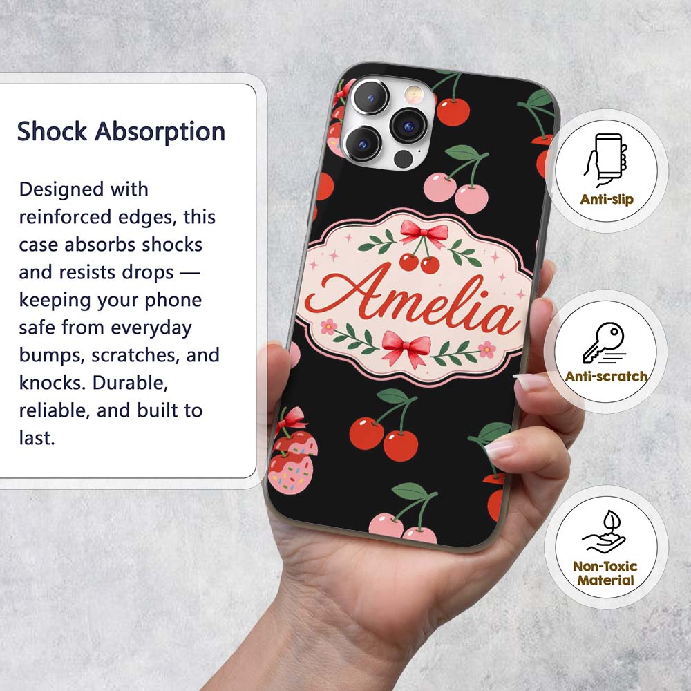 Cute Cherry Fruit Cream Neutral Printed Design Custom Name Protective Phone Case Mobile Cover Durable Everyday Smartphone Shock Resistant