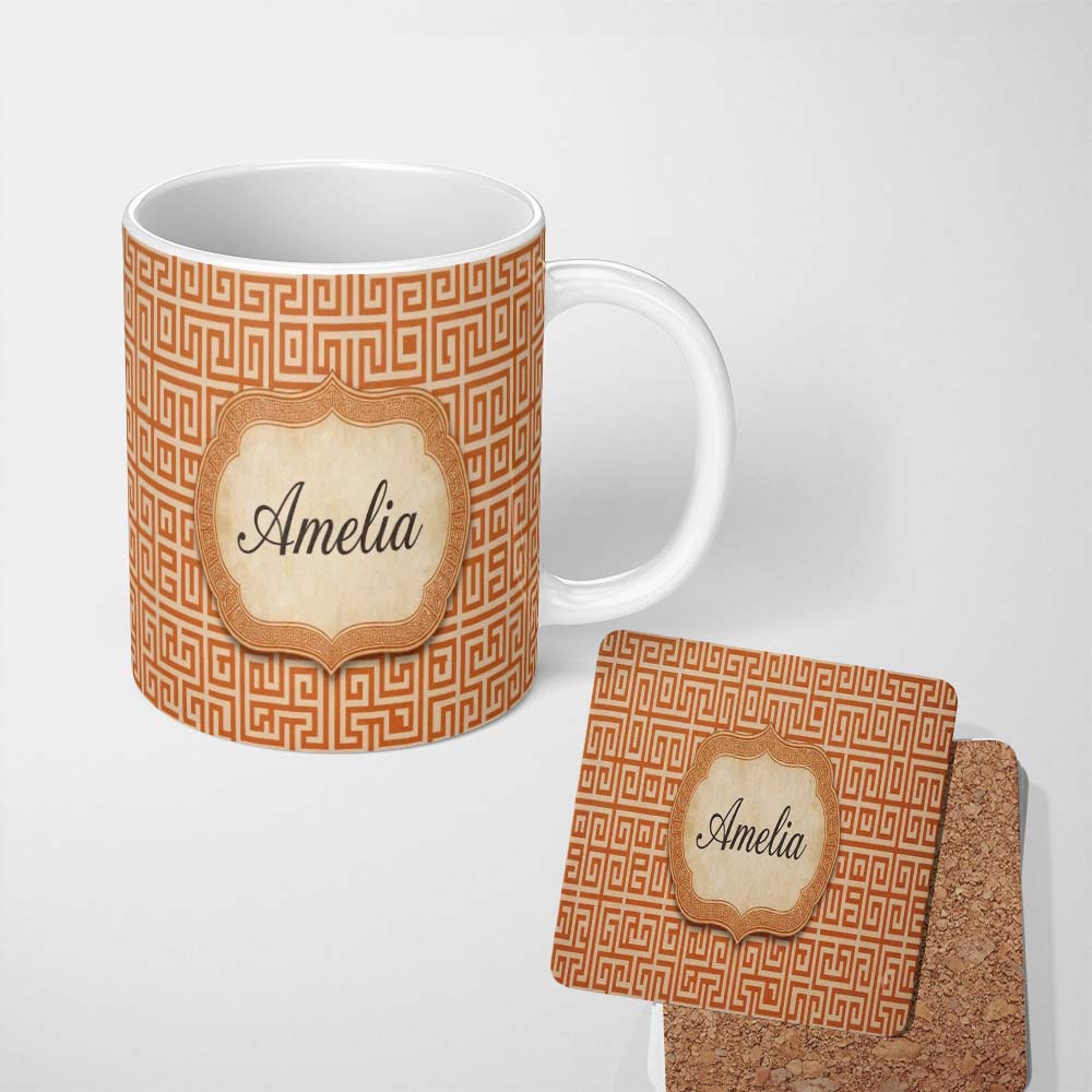 Personalized Custom Name Warm Orange Beige Fine Line Geometric Maze Seamless Pattern Name 11oz Ceramic Coffee Tea Mug White Large Handle