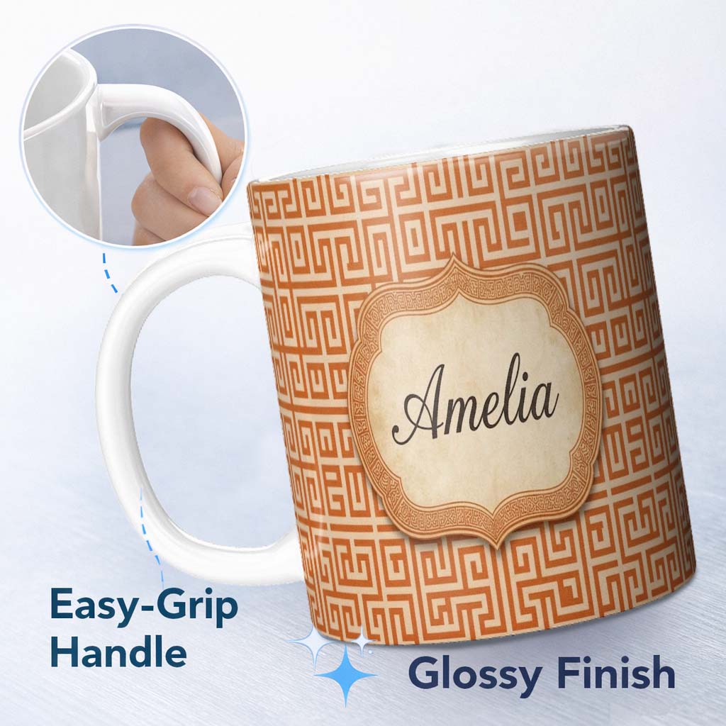 Personalized Custom Name Warm Orange Beige Fine Line Geometric Maze Seamless Pattern Name 11oz Ceramic Coffee Tea Mug White Large Handle