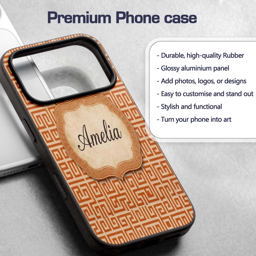 Warm Orange Beige Fine Line Decorative Design Custom Name Protective Phone Case Mobile Cover Durable Everyday Smartphone Shock Resistant