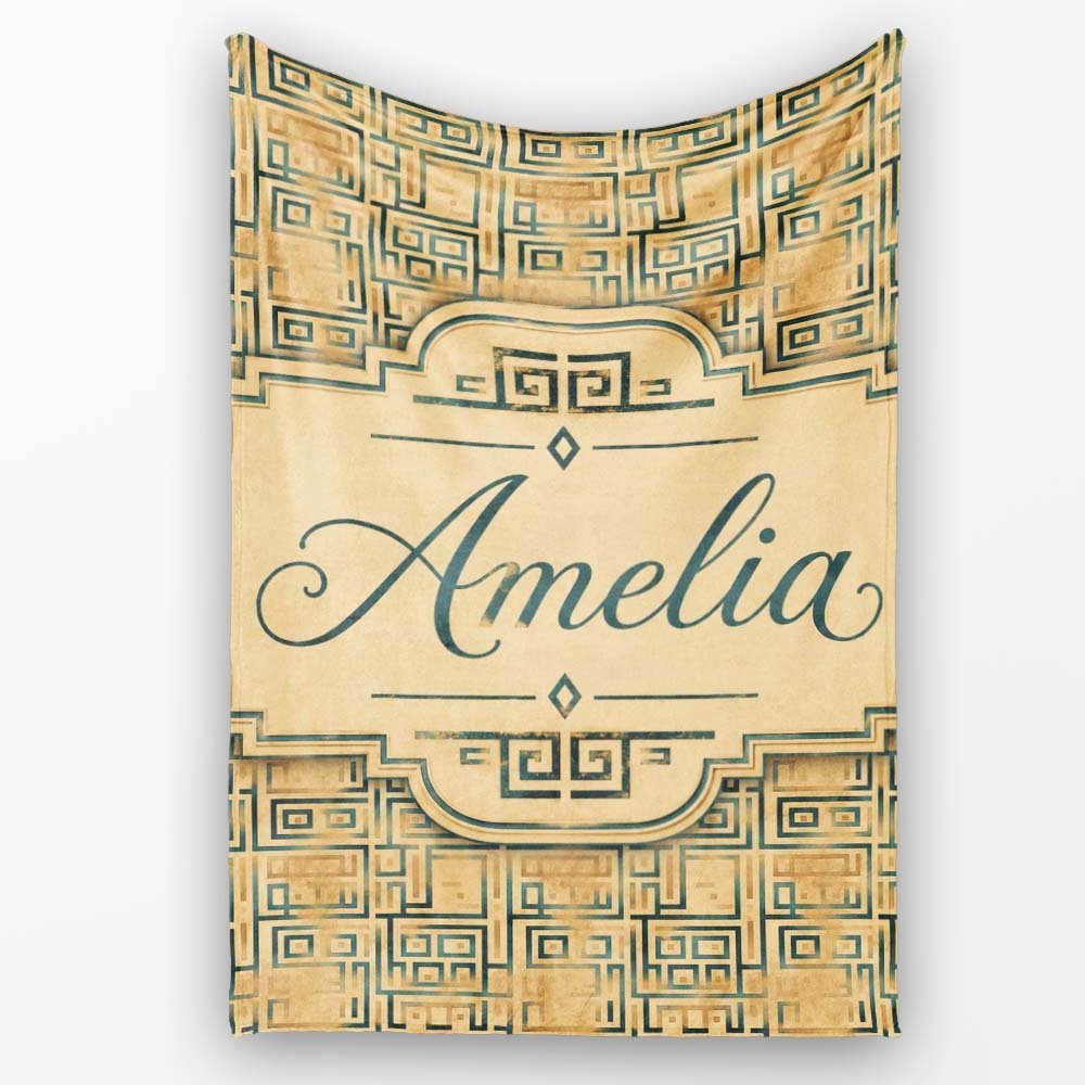 Vintage Teal Beige Distressed Tribal Maze Seamless Pattern Name Cute Personalised Custom Name Super Soft Fleece Blanket Bed Sofa Throw