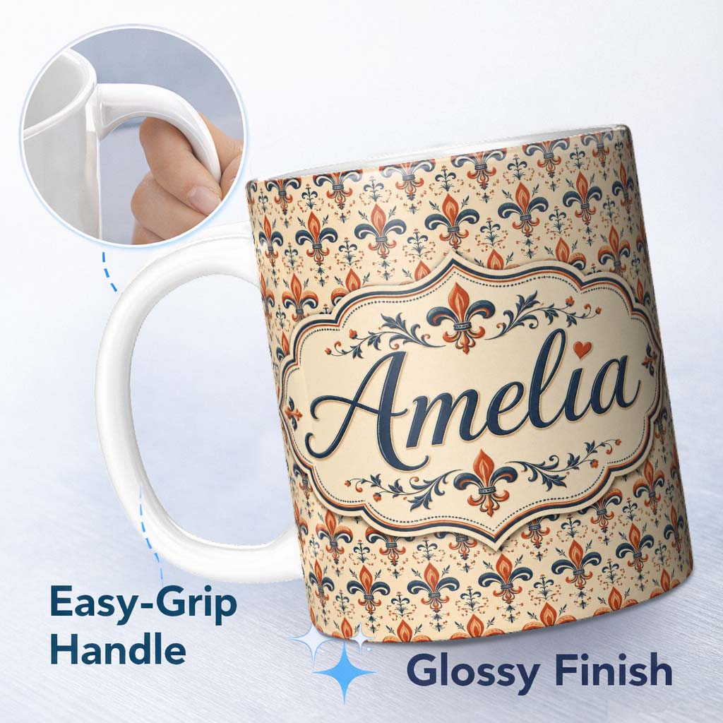 Personalized Custom Name Vintage Red and Navy Ornate Fleur de Lis Floral Pattern on Beige 11oz Ceramic Coffee Tea Mug White Large Handle