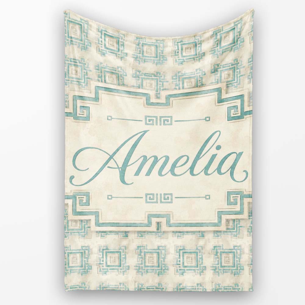 Soft Aqua Grey Square Tribal Geometric Seamless Pattern Name Cute Personalised Custom Name Super Soft Fleece Blanket Bed Sofa Throw