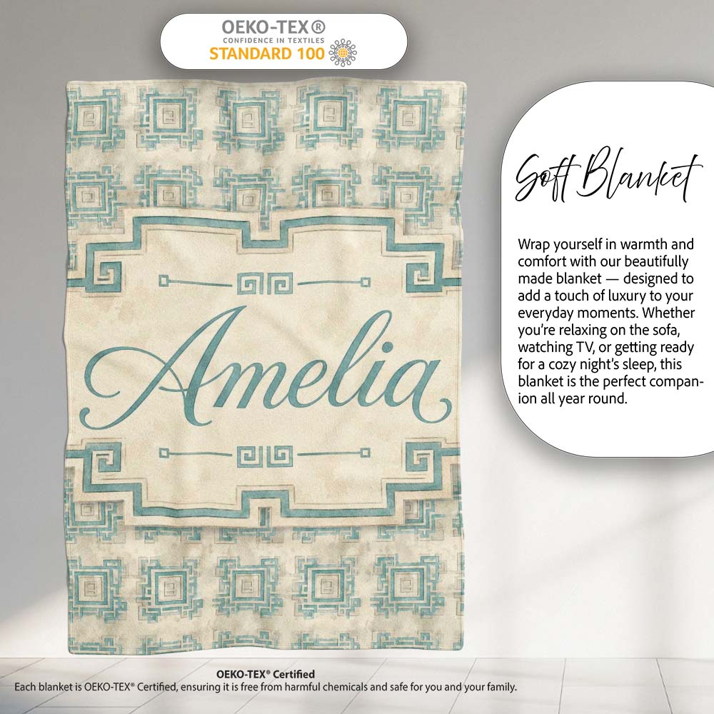 Soft Aqua Grey Square Tribal Geometric Seamless Pattern Name Cute Personalised Custom Name Super Soft Fleece Blanket Bed Sofa Throw