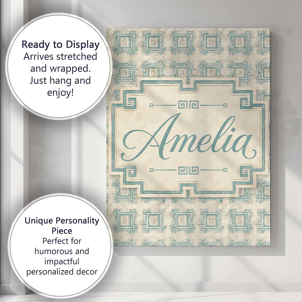 Personalised Name Soft Aqua Grey Square Custom Modern Room Accent Elegant Feature Canvas Wall Art Print Decor Picture Ready to Hang