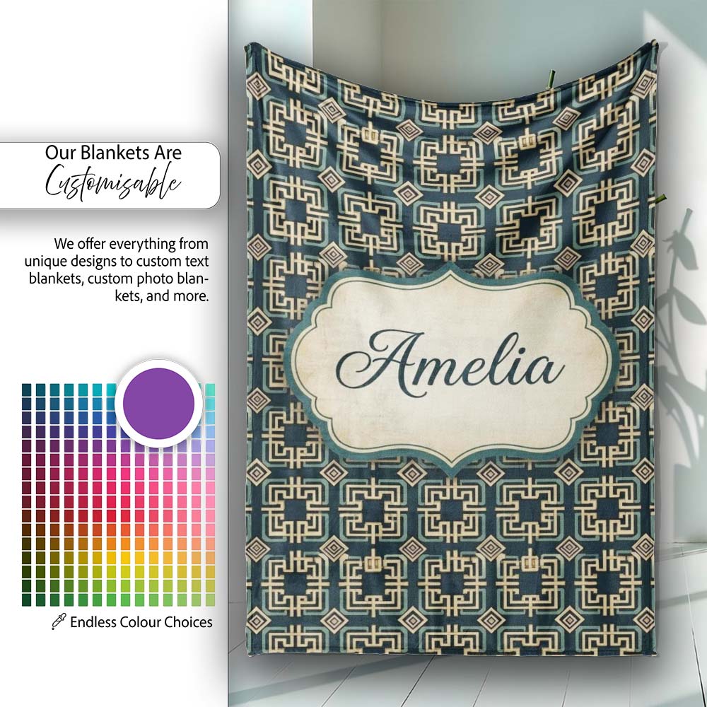 Teal Beige Art Deco Geometric Square Seamless Pattern Name Cute Personalised Custom Name Super Soft Fleece Blanket Bed Sofa Throw