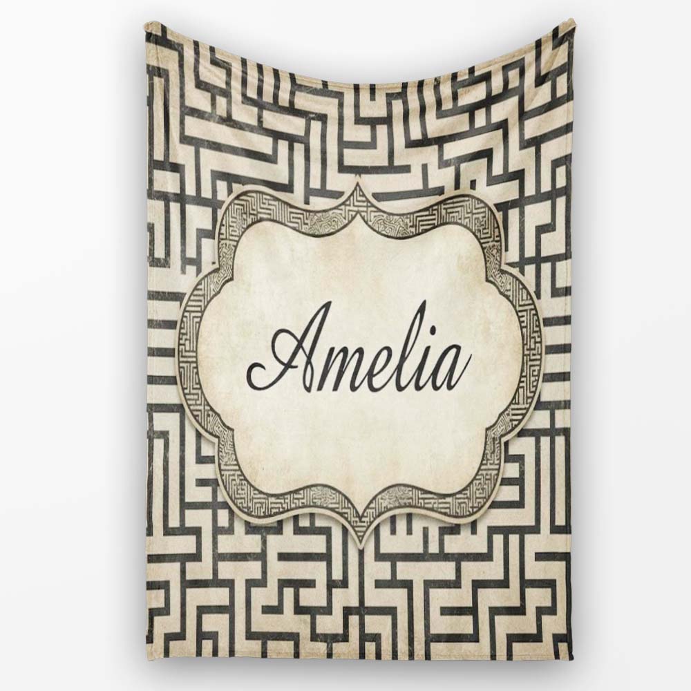 Distressed Grey Black Tribal Maze Abstract Seamless Pattern Name Personalised Custom Name Super Soft Fleece Blanket Bed Sofa Throw
