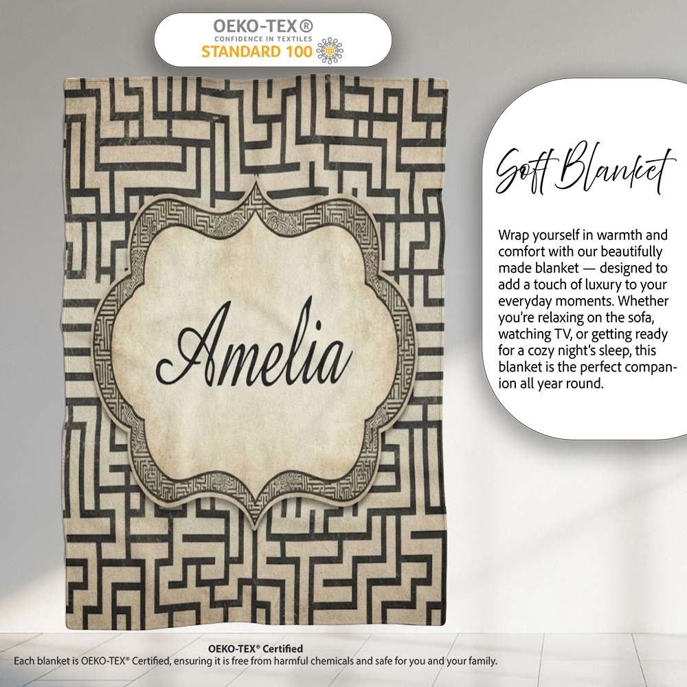 Distressed Grey Black Tribal Maze Abstract Seamless Pattern Name Personalised Custom Name Super Soft Fleece Blanket Bed Sofa Throw