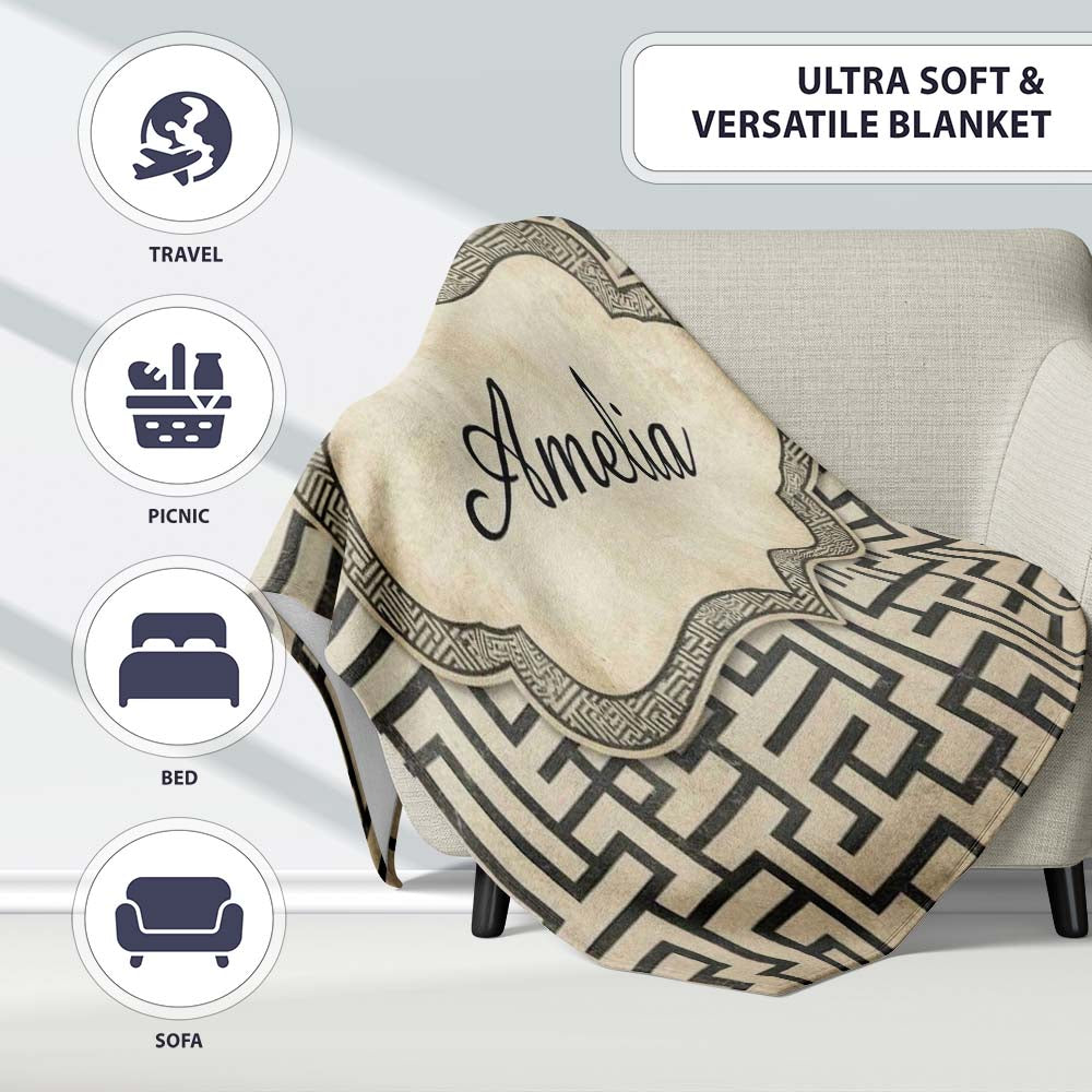 Distressed Grey Black Tribal Maze Abstract Seamless Pattern Name Personalised Custom Name Super Soft Fleece Blanket Bed Sofa Throw
