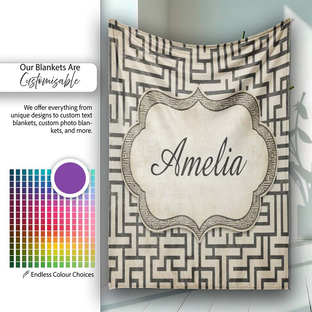 Distressed Grey Black Tribal Maze Abstract Seamless Pattern Name Personalised Custom Name Super Soft Fleece Blanket Bed Sofa Throw