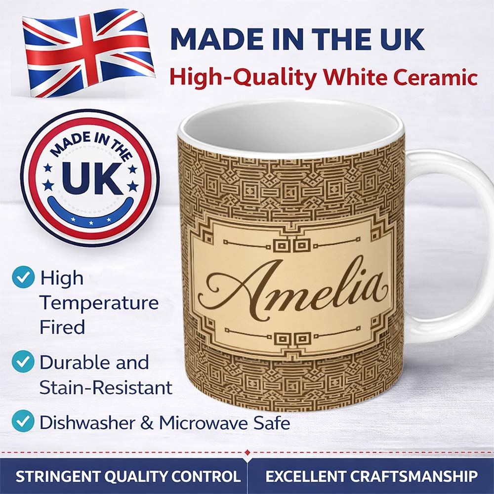 Personalized Custom Name Brown Beige Layered Geometric Square Seamless Pattern Name Cute 11oz Ceramic Coffee Tea Mug White Large Handle