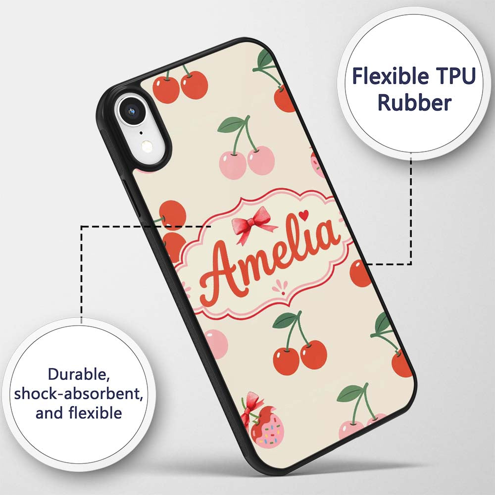 Cherry Fruit Blue Gingham Picnic Check Seamless Custom Name Protective Phone Case Mobile Cover Durable Everyday Smartphone Shock Resistant