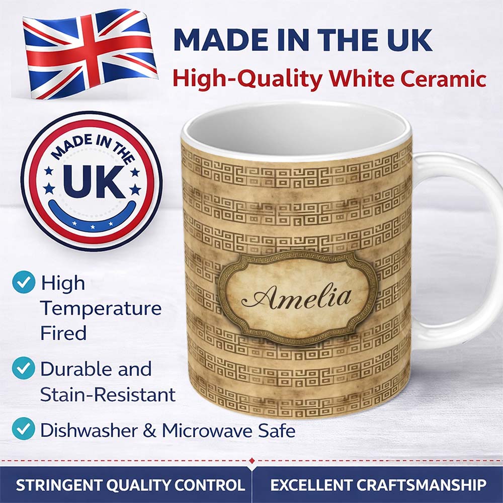 Personalized Custom Name Vintage Beige Horizontal Tribal Stripe Seamless Pattern Name Cute 11oz Ceramic Coffee Tea Mug White Large Handle