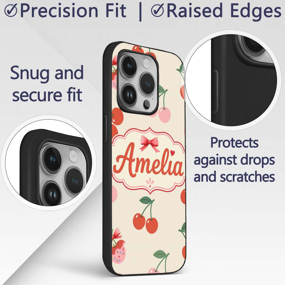 Cherry Fruit Blue Gingham Picnic Check Seamless Custom Name Protective Phone Case Mobile Cover Durable Everyday Smartphone Shock Resistant