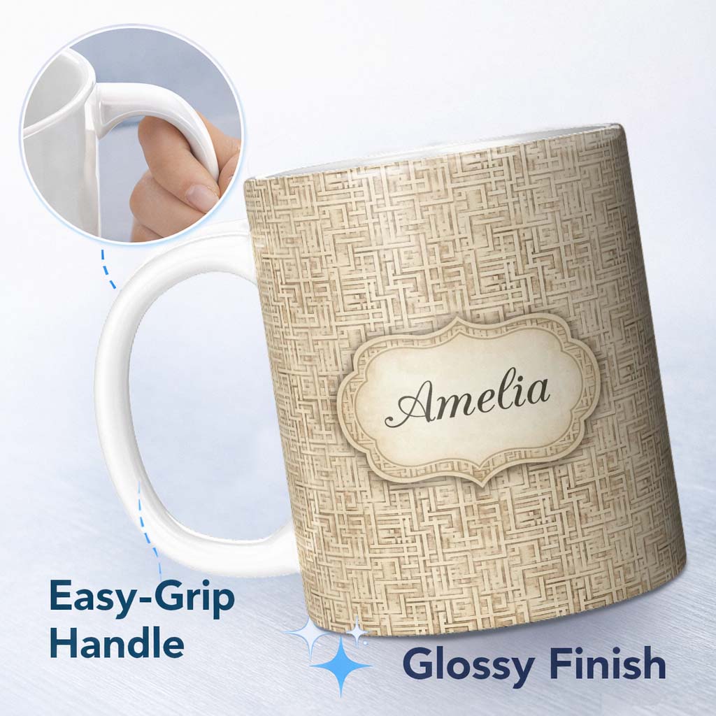 Personalized Custom Name Soft Beige Subtle Maze Texture Seamless Pattern Name Cute Unique 11oz Ceramic Coffee Tea Mug White Large Handle