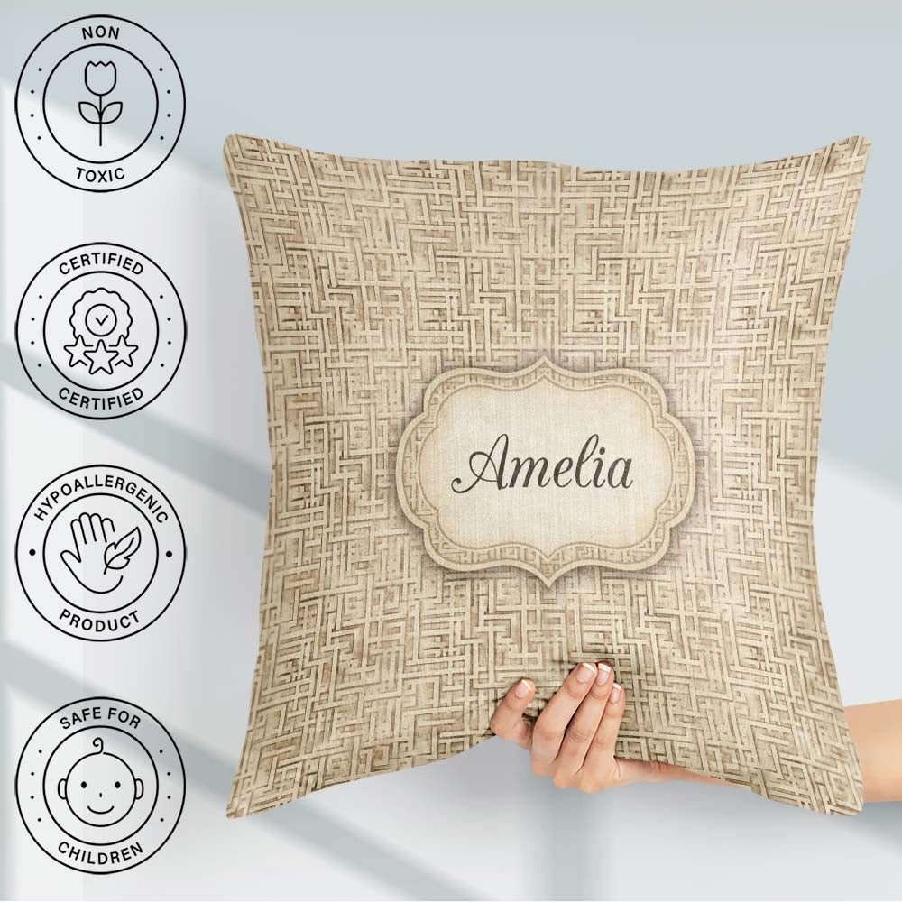 Custom Name Soft Beige Subtle Maze Texture Seamless Pattern Name Square Filled Cushion Throw Pillow Sofa Bed Home Decor Zip Washable UK Made
