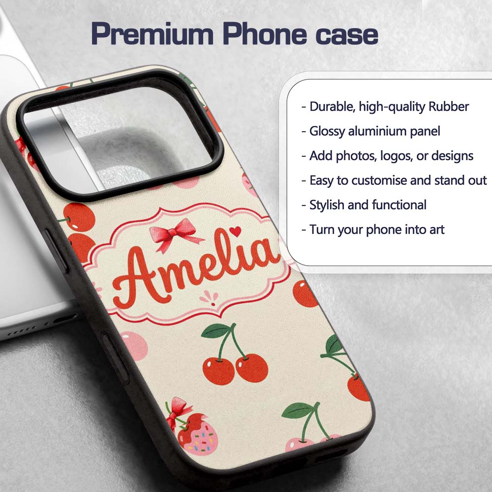 Cherry Fruit Blue Gingham Picnic Check Seamless Custom Name Protective Phone Case Mobile Cover Durable Everyday Smartphone Shock Resistant