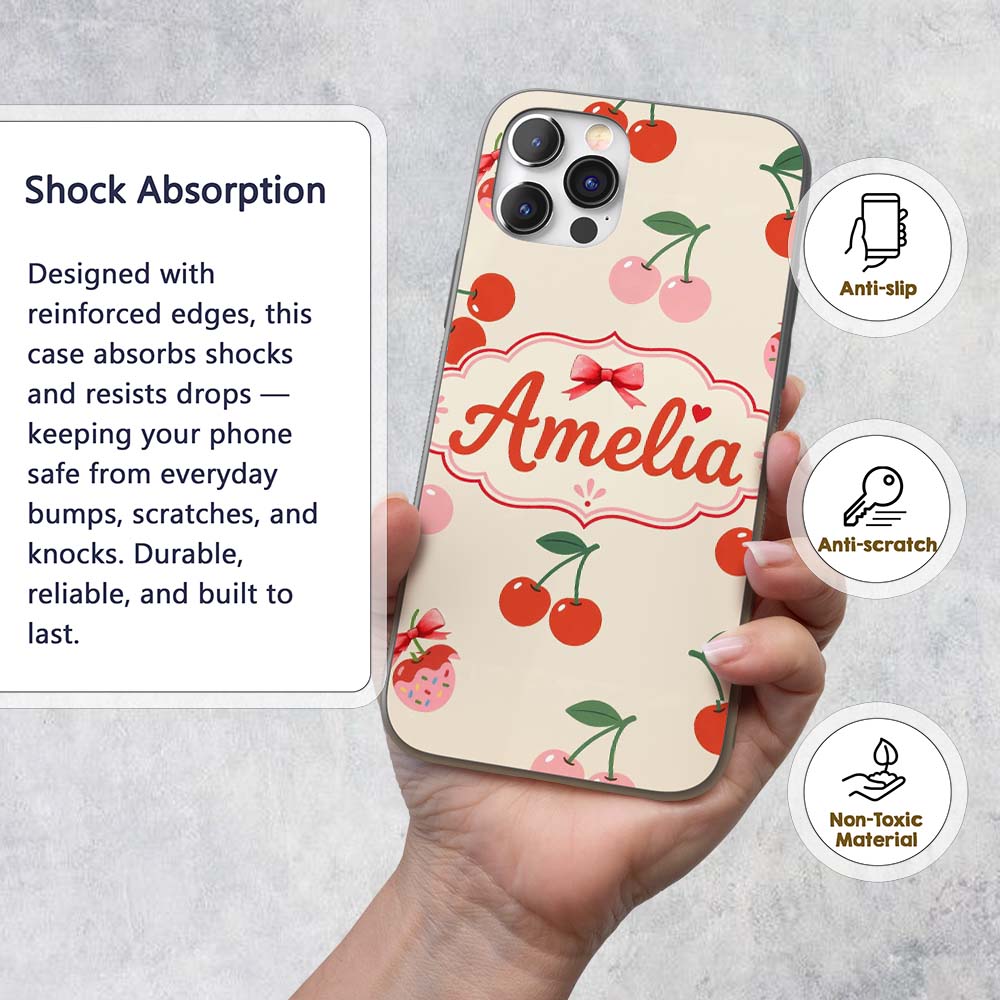 Cherry Fruit Blue Gingham Picnic Check Seamless Custom Name Protective Phone Case Mobile Cover Durable Everyday Smartphone Shock Resistant