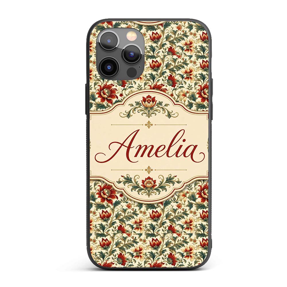 Classic Red Floral Vintage Garden Printed Design Custom Name Protective Phone Case Mobile Cover Durable Everyday Smartphone Shock Resistant