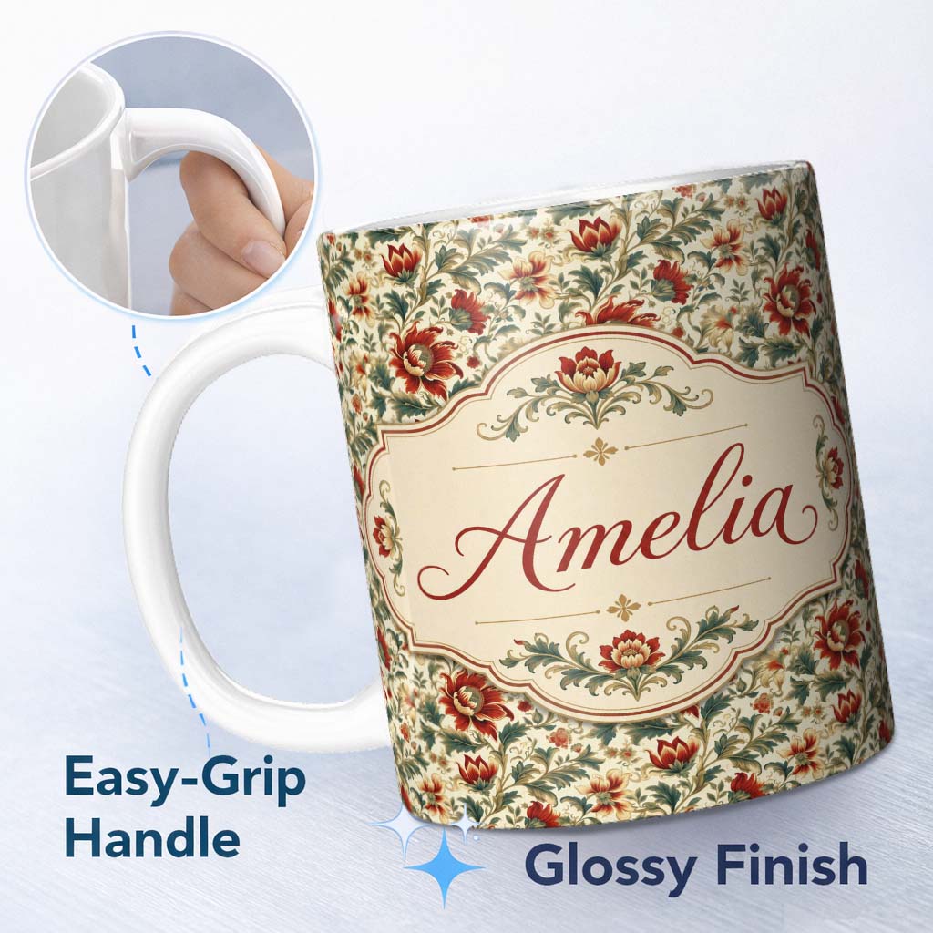 Personalized Custom Name Classic Red Floral Vintage Garden Seamless Pattern Name Cute Unique 11oz Ceramic Coffee Tea Mug White Large Handle