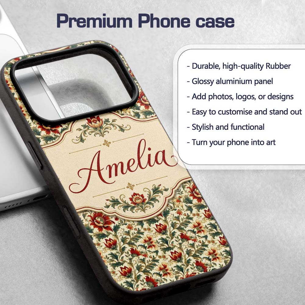 Classic Red Floral Vintage Garden Printed Design Custom Name Protective Phone Case Mobile Cover Durable Everyday Smartphone Shock Resistant