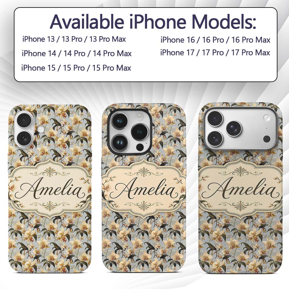 Cream Orchid Botanical Elegant Seamless Pattern Custom Name Protective Phone Case Mobile Cover Durable Everyday Smartphone Shock Resistant