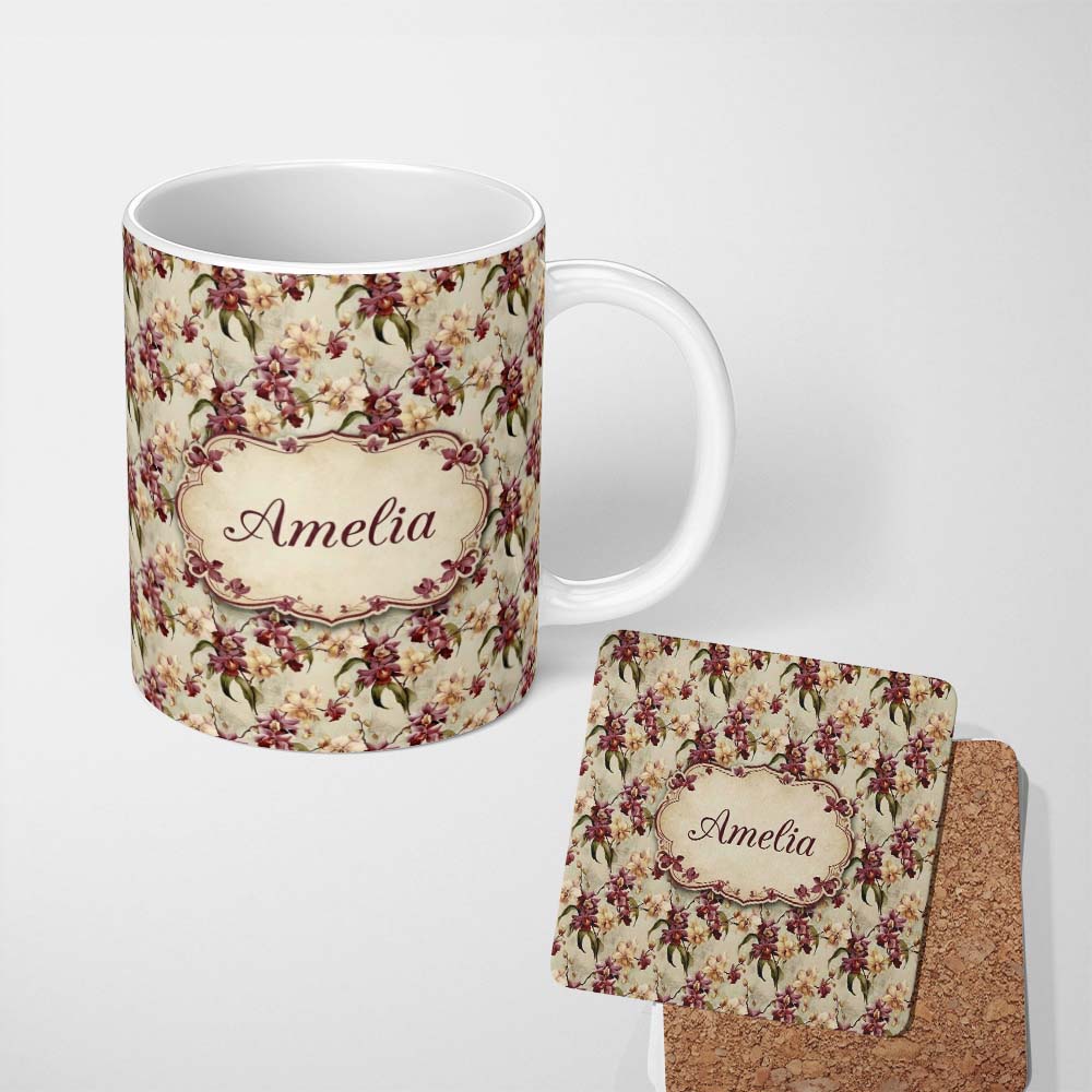Personalized Custom Name Vintage Orchid Floral Beige Elegant Seamless Pattern Name Cute 11oz Ceramic Coffee Tea Mug White Large Handle