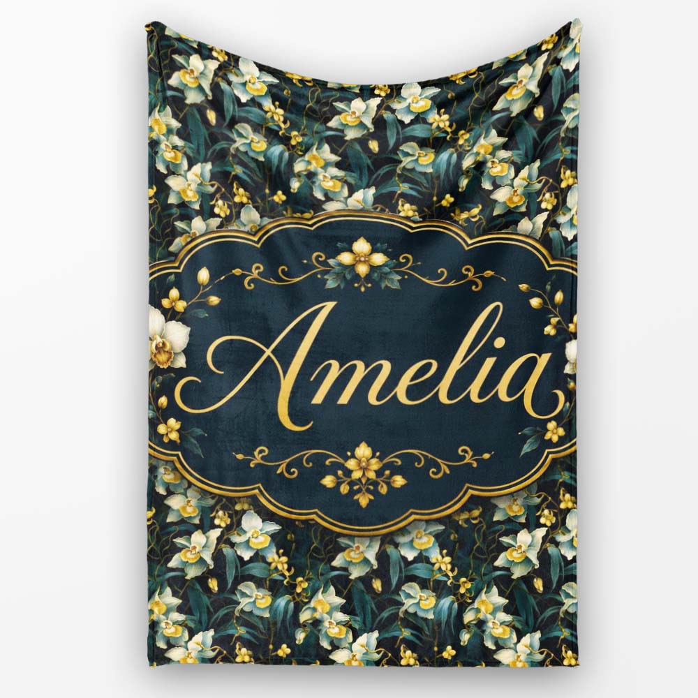 Dark Teal Orchid Floral Botanical Luxury Seamless Pattern Custom Personalised Custom Name Super Soft Fleece Blanket Bed Sofa Throw