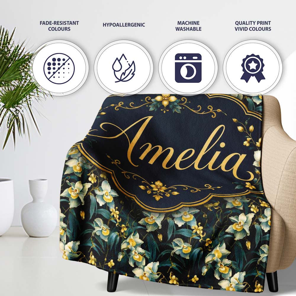 Dark Teal Orchid Floral Botanical Luxury Seamless Pattern Custom Personalised Custom Name Super Soft Fleece Blanket Bed Sofa Throw