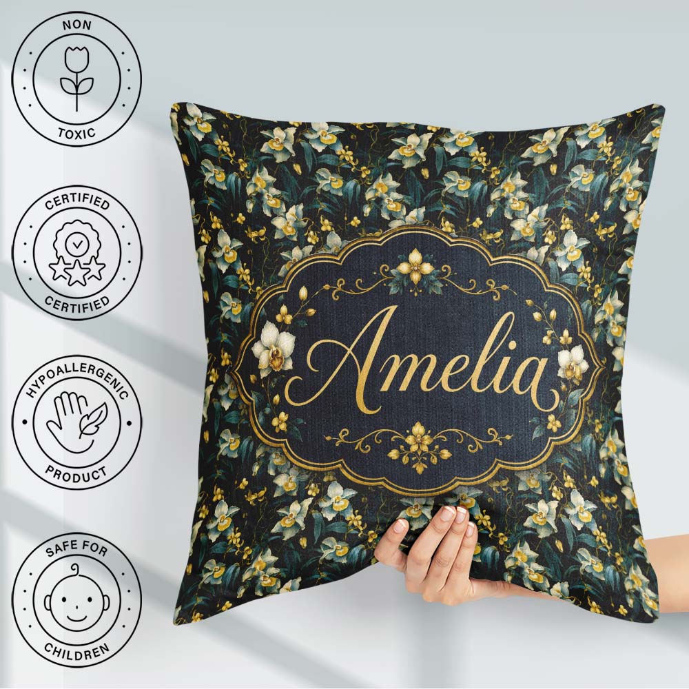 Custom Name Dark Orchid Floral Botanical Luxury Seamless Pattern Square Filled Cushion Throw Pillow Sofa Bed Home Decor Zip Washable UK Made