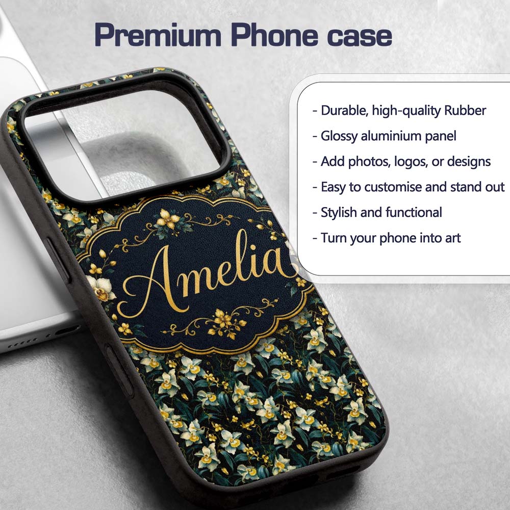 Dark Teal Orchid Floral Botanical Luxury Seamless Custom Name Protective Phone Case Mobile Cover Durable Everyday Smartphone Shock Resistant