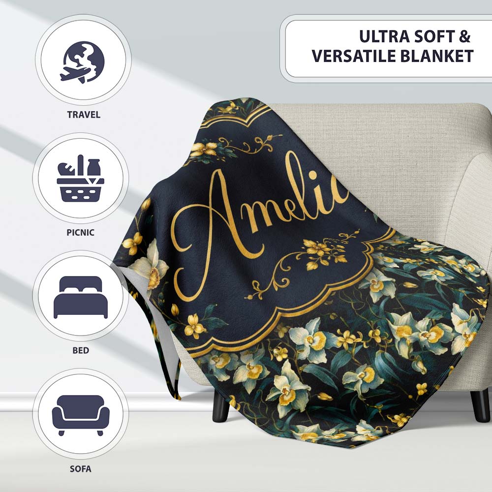 Dark Teal Orchid Floral Botanical Luxury Seamless Pattern Custom Personalised Custom Name Super Soft Fleece Blanket Bed Sofa Throw